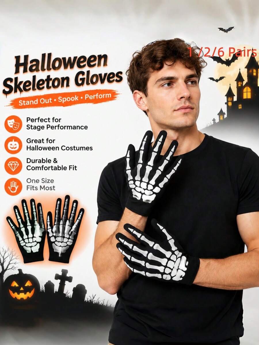 Gants de squelette d'Halloween noirs, gants de costume de fête, convenant pour Halloween et le déguisement - A - Voir 1