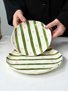 2pcs/1pc Hand Painted Striped & Polka Dot Ceramic Plates Set, Asymmetrical Wavy Rim Dinner Plates, Green Stripe Pink Dot Salad Dessert Serving Dishes, Microwave & Dishwasher , Tableware For Home Kitchen - Multicolor - View 6