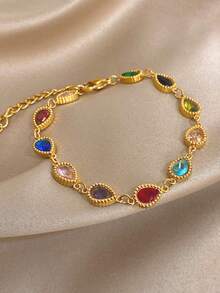 Women's Elegant Luxury Colorful Zirconia Chain Necklace & Bracelet Set, Stainless Steel Gold Chain Necklace, Party Birthday Christmas Jewelry Gift - Multi-color 2 - View 14
