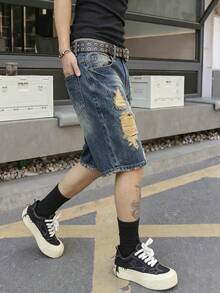 Teen Boy's Washed Vintage Comfortable Straight Leg Distressed Denim Shorts - Dark Wash - View 5