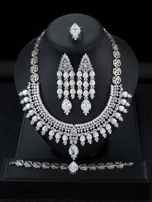 1 Set 5pcs Fashion Luxury Water Drop Zirconia Earrings Necklace Bracelet Ring Women Jewelry Set For Holiday Party Wedding Evening Dress - Water Droplets - View 5