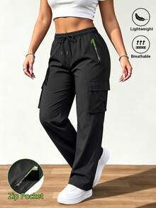 Women's Casual Solid Color Cargo Pants, With Drawstring Waist And Large Pockets, Suitable For Outdoor, Sports, And Daily Fashion Wear - Black - View 2