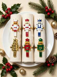 12pcs/6PCS Christmas Nutcracker Soldier Napkin Rings, Full Set Of 6 Metal Nutcracker Napkin Buckles, Christmas Table Napkin Ring Decoration Set With Painted Rhinestone Napkin Rings, Holiday Party Table Decoration Napkin Cloth Rings, Home Decor, Christmas Restaurant Table Setting Decoration, Hotel Tabletop Decoration Supplies - Multicolor - View 10
