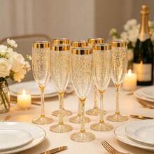 1/6 st champagneglas med guldkant, 160 ml, återanvändbara cocktailglas, lämpliga för bröllop, fester, picknick, födelsedagar och olika festdekorationer - Visa 2