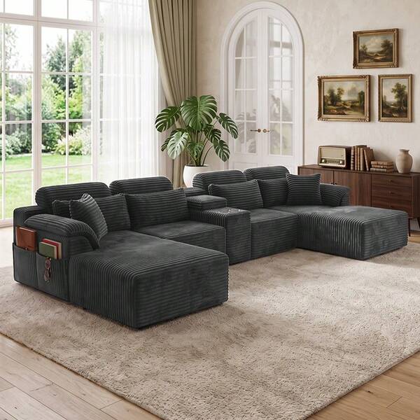 147" Corduroy U Shaped Modular Sectional Sofa, Free Combinable Couch With Cup Holder Console Side Storage Pockets, High-Density High Resilience Foam No Assembly Pet Friendly, For Living Room Apartment Studio Dorm