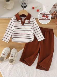 2pcs Baby Girl Casual Vintage Brown Striped Collared Waist-Cinching Long Sleeve Top & Straight Leg Pants Set, Thin Spring/Autumn - Khaki - View 1