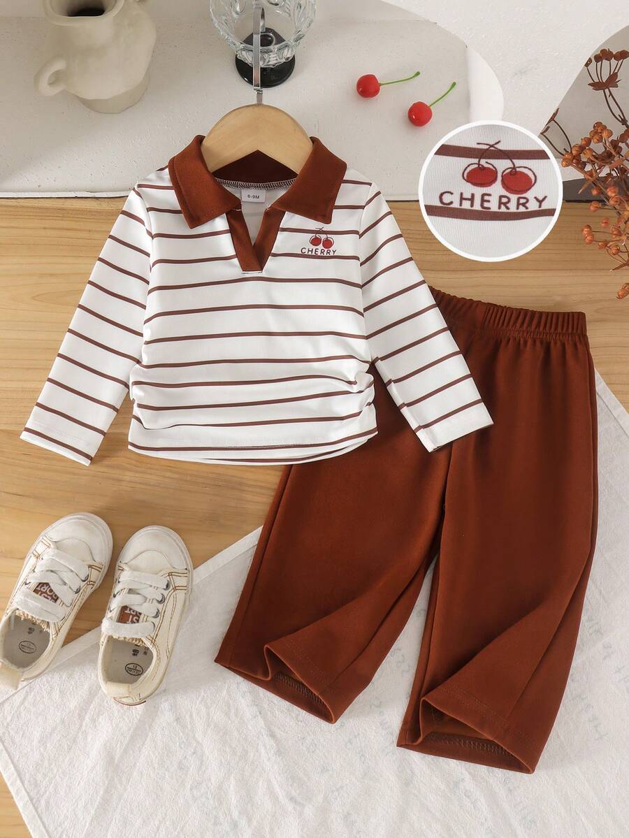 2pcs Baby Girl Casual Vintage Brown Striped Collared Waist-Cinching Long Sleeve Top & Straight Leg Pants Set, Thin Spring/Autumn - Khaki - View 1