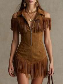 Women Short Dresses - Camel - View 2