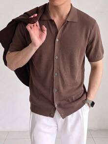 男士棕色 Polo 領短袖針織開襟衫，純色紋理寬鬆休閒襯衫毛衣上衣，春秋款 - 棕色 - 查看 4