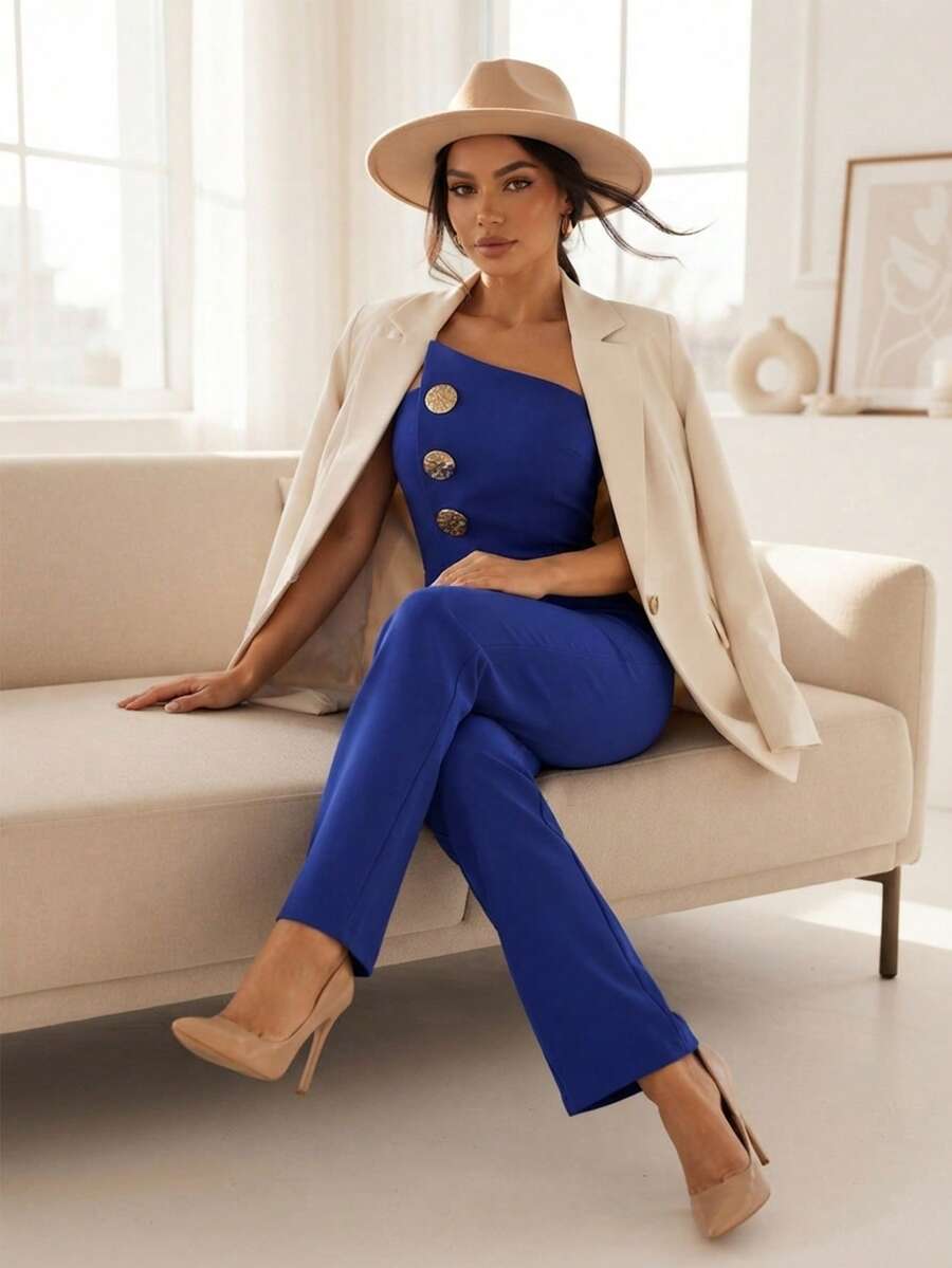 ChicMe Asymmetrical Strapless Jumpsuit With Metal Button Decor - Blue - View 1