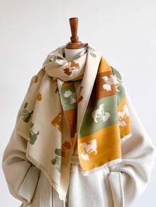1pc Thick Cartoon Puppy Dog Rectangular Scarf 65*185cm, Brushed Polyester Faux Cashmere, Autumn Winter Shawl For Travel Party, Multi‑Use As Headscarf - Multicolor - View 3