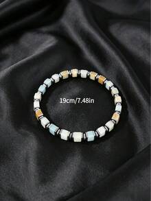 Men's Square Natural Stone Bead Elastic Bracelet, Vintage Stackable Stretch Wristband, Casual Daily Accessory - Bracelet - View 5