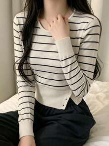 Korean Style Minimalist Striped Knit Top Women Round Neck Slim Fit Button-Down Hem Short Length Slimming Long Sleeve Blouse - Apricot - View 1