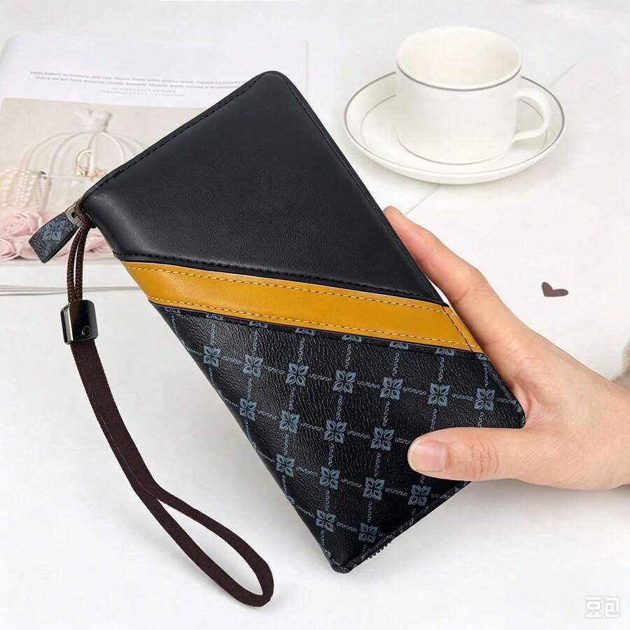 HOVI'S Men's Vintage Letter Pattern PU Leather Long Zipper Wallet, Colorblock Striped Design With Wrist Strap, 8 Card Slots Inner Zipper Pocket Clutch - Black - View 1