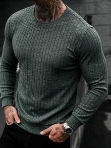 Men's Textured Ribbed Crew Neck Long Sleeve Knit Sweater, Commuter Base Layer Long Sleeve T-Shirt - Green - View 3