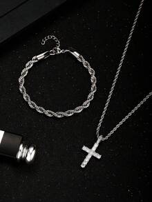 2pcs/Set Hip Hop Iced Out Rhinestone Cross Pendant Twist Rope Chain Necklace Bracelet Streetwear Jewelry For Boys Party Daily Wear Gift - Multicolor - View 6