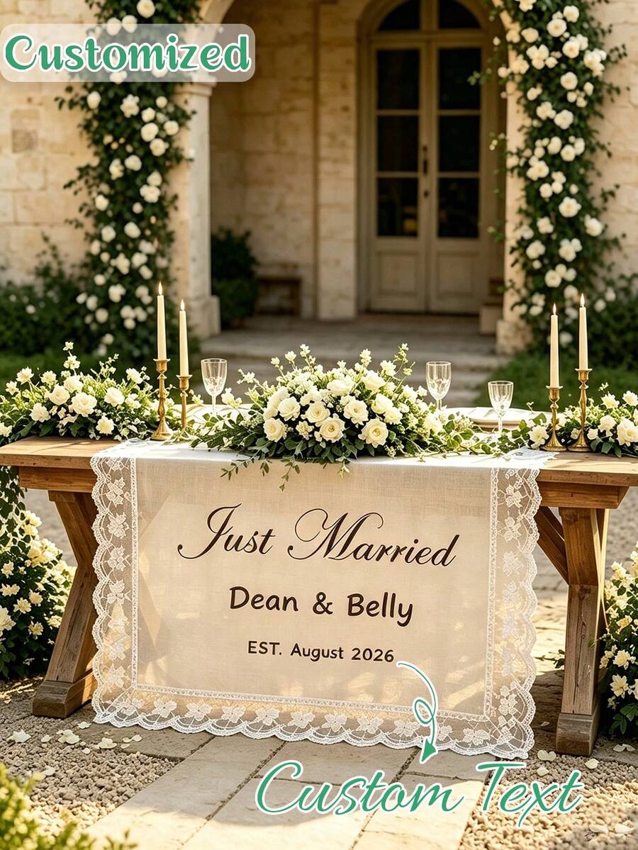 Personalized Lace Trim Tulle Table Runner, Customizable Text/Name/Date, Custom Wedding Table Decor, Suitable For Weddings, Anniversaries And Parties - Multicolor - View 1