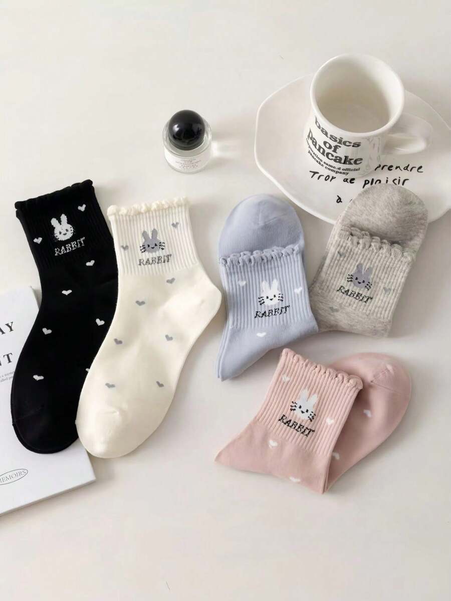 5雙女款可愛兔子與愛心印花中筒襪，柔軟羅紋休閒襪，附荷葉邊飾，多色百搭 - 彩色 - 查看 1