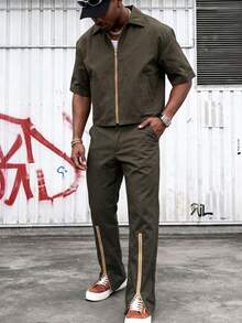 Men's Lightweight Comfortable Polyester Fabric Short Sleeve & Long Pants Set, Minimalist Street Style, Casual Outdoor Daily Wear, Summer - Army Green - View 4