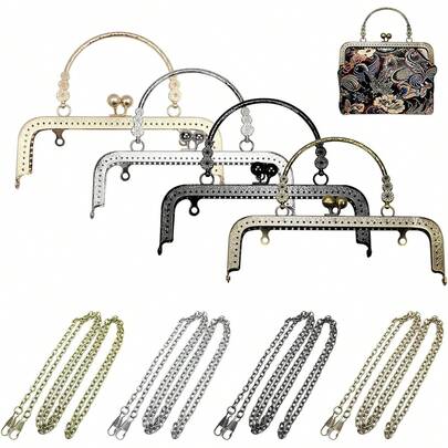 2pcs Vintage Elegant Metal Wallet Frame Handle With Buckle Lock - Fashionable Replacement Chain Set, Smooth Embossed Metal Handbag + 60cm Chain Crossbody, Bead Closure, Retro Style, Metal Frame Bag Accessories, Handmade Fabric DIY