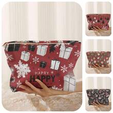 1Pc Double-Sided Christmas Gift Pattern Corduroy Zipper Cosmetic Bag,Toilet Bag,Lined Large Capacity Organizer For Travel,School & Student Daily Use - Multicolor - View 3