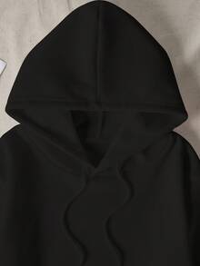 Women's Solid Color Fleece Hooded Sweatshirt With Adjustable Drawstring, Long Sleeve With Pockets, Warm Hooded Long Sleeve Top, Suitable For Autumn And Winter Wear - Black - View 4