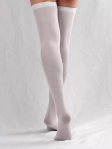 1/2/5 Pairs Women's 80D Velvet Solid Color Over-The-Knee Stockings - White - View 4