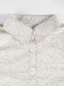 Plus Size Women's Solid Color Romantic Lapel Single-Breasted Long Sleeve Printed Blouse - Apricot - View 3