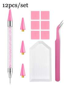 12-Pack Diamond Picker Tools - Dual-Ended Pens, Replacement Wax Tips, Clay, Precision Curved Tweezers For Picking Up Diamond Painting Beads, Manicure Gemstones, Crystals And Nail Jewelry - A - View 12
