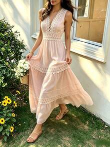 Gaun Maxi Chiffon Elegan untuk Pesta Musim Gugur, Leher V Seksi dengan Hiasan Renda, Cocok untuk Prom; Hiasan Renda Bersegmen dan Desain Ruffle Berlapis-lapis Warna Pink - Berwarna merah muda - View 5