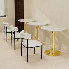 27.6-Inch Gold Coffee Table, Mid-Century Modern Dining Table, Seats 2-4 People, With A Round Marble Top With White Veined Finish, Perfect For Various Environments. - Gold + White - View 4