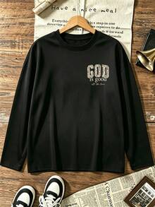 Plus Size Women's Floral "God Is Good All The Time" Letter Graphic Long Sleeve Tee, Moderate Stretch Crewneck Loose Casual Fall Top - Black - View 6