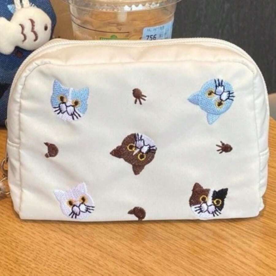 Cute Cat Embroidery Makeup Bag, Portable Large Capacity Cosmetic Storage Bag - Multicolor - View 1