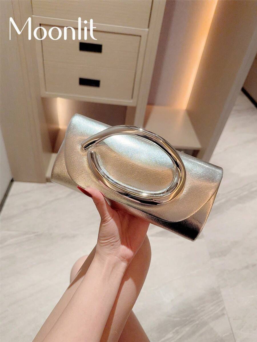 1件歐美時尚金屬裝飾迷你手拿包，高端亮面金屬條女款手提包，優雅奢華晚宴包，適用派對/浪漫婚禮/舞會/雞尾酒會/學校舞會，PU皮革配金屬鏈條