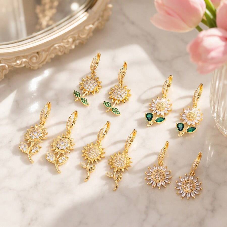 Multi-Style Sunflower Zirconia Ear Drops, Shiny Sunflower Ear Clips, Niche Luxury Floral Earrings For Women's Daily Wear Accessories - Sunflower Hoop Earrings - View 1