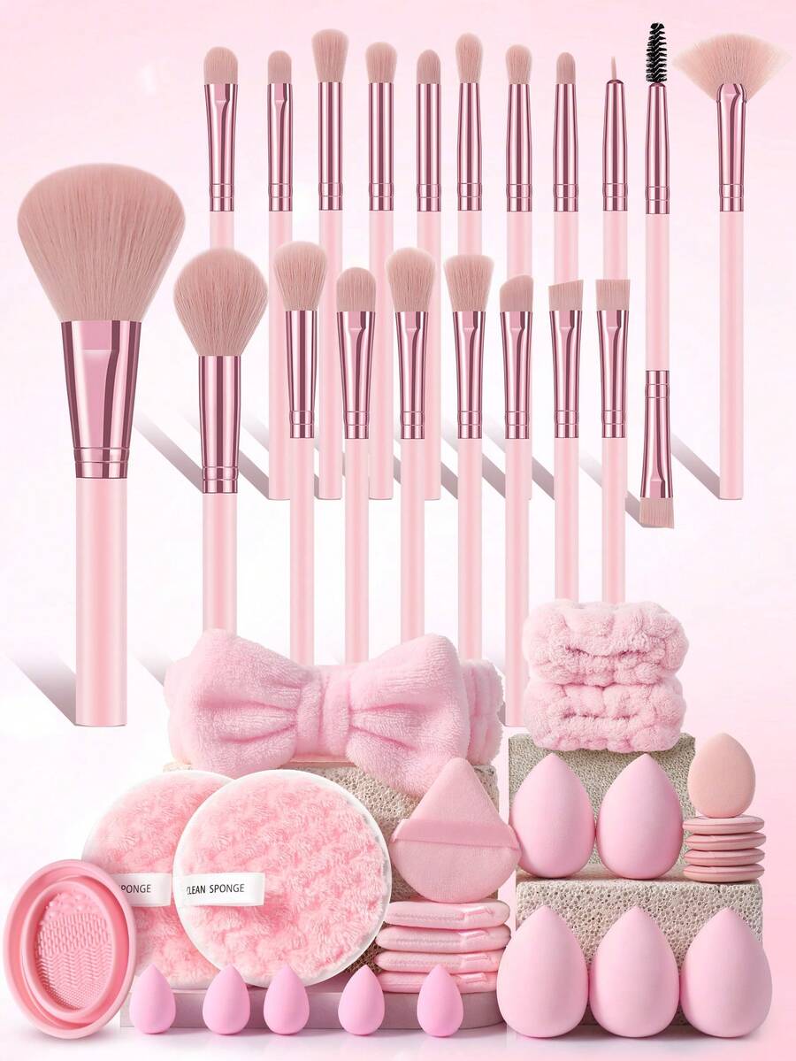 46 Pcs Total Makeup Tool Kit, Including 20 Pcs Light Pink Flat Makeup Brushes And 26 Pcs Makeup Accessories, Complete Rich Matching Parts, All‑In‑One Cosmetic Supplies Help Starters Finish Various Full‑Face Makeup Looks Easily - Multicolor - View 1