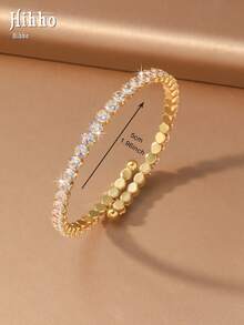 Hihho 1pc Luxury Sparkling Rhinestone Expandable Bracelet, Minimalist Versatile Layering Bracelet, Suitable For Commute And Party - Gold - View 7