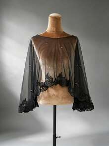 1pc Semi-Sheer Black Soft Tulle Lace Shawl Loose Free Size Short Top Pullover Cover-Up For Dress Wedding Gown - Black - View 3