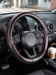 1PC Universal Carbon Fiber Steering Wheel Cover, Black Sport Style Leather Texture Auto Steering Wheel Protector With Red Stitching Detail, Non-Slip Comfortable Grip, Breathable Car Interior Accessories For Men Women Daily Commute Travel - A - View 6