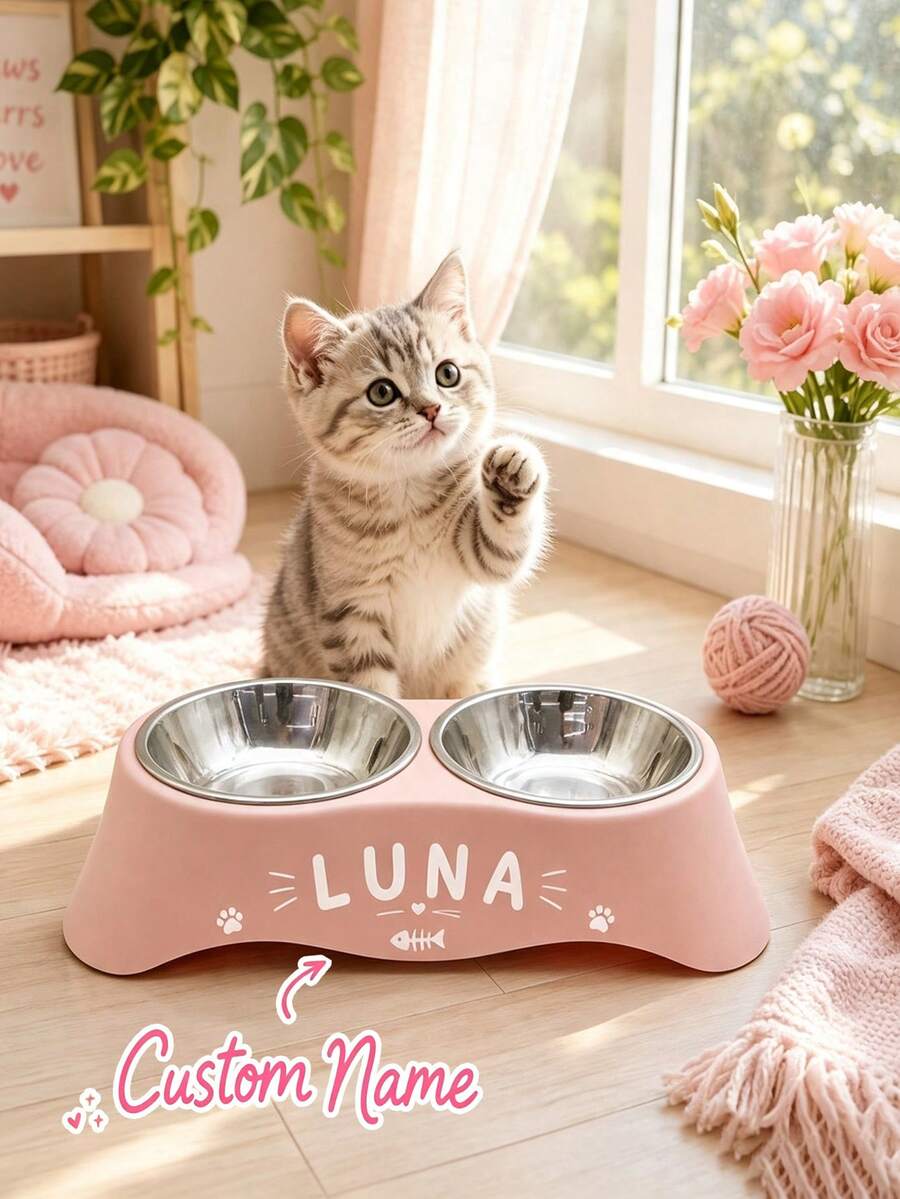Mangkuk Kucing Stainless Steel yang Dapat Disesuaikan, Kustomisasi Nama Pribadi, Desain Pelindung Leher, Dapat Dilepas dan Mudah Dibersihkan, Hadiah Ideal untuk Pemilik Hewan Peliharaan - MultiWarna - View 1