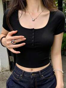 女款U領短袖T恤，夏季新款純色休閒百搭，美式辣妹風，黑色 - 黑色 - 查看 11