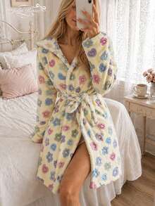 Aesletic Girls' Milk Yellow Colorful Floral & Heart Print Hooded Coral Fleece Bathrobe, Autumn/Winter Waist Short Robe - Multicolor - View 7