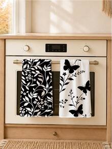 2PCS Kitchen Towels Black & White Floral Butterfly Pattern, Minimalist Style Super Fine Fiber Material Soft Kitchen Towels Dish Cloths, Hand Towels, Tablecloths, Kitchen Decor, Kitchen Cleaning, Bathroom Cleaning, Holiday Party Decor, Kitchen & Bathroom Supplies Home Essentials, Home Decor, Housewarming Gift - Black and White - View 4