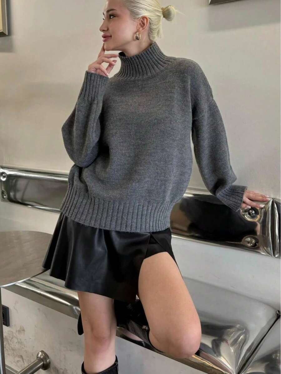 Oversized High Neck Loose Knit Sweater For Women, European And American Stylish Dark Grey, Suitable For Winter Fall - Dark Grey - View 1