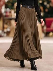Elegant Women's Solid Color Pleated Long Skirt, Asymmetrical A-Line Design, Versatile For All Seasons, Suitable For Weddings, Office Commute, Evening Parties, Showcases Elegant Elegant And Flattering Silhouette - Coffee Brown - View 2