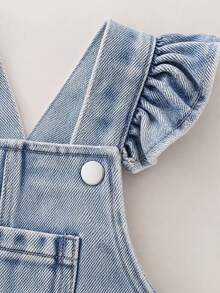 Baby Girl Sweet Floral Embroidered Denim Overalls With 2-Button Adjustable Shoulder Straps, Loose Comfortable Straight Leg Jumpsuit - Light Wash - View 4