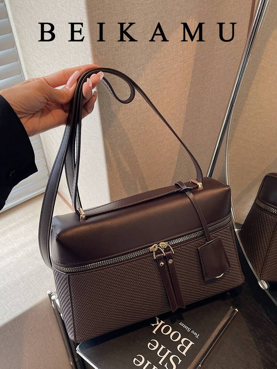 1pc BEIKAMU Solid Color Zipper Closure Boxy Bag, Versatile For Work Commute, Shopping, Women Shoulder Bag & Crossbody Bag - Coffee - View 1