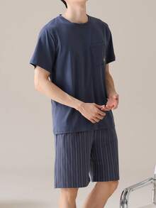 AICJ 男士純色休閒寬鬆極簡可穿戴春夏口袋圓領短袖格紋短褲家居睡衣套裝 2件組 - 藏蓝色 - 查看 3