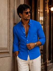 Men's Slim-Fit Casual Long-Sleeve Button-Up Shirt - Soft Textured Cotton-Linen Blend Breathable Shirt For Modern Smart-Casual & Everyday Wear - Blue - View 3