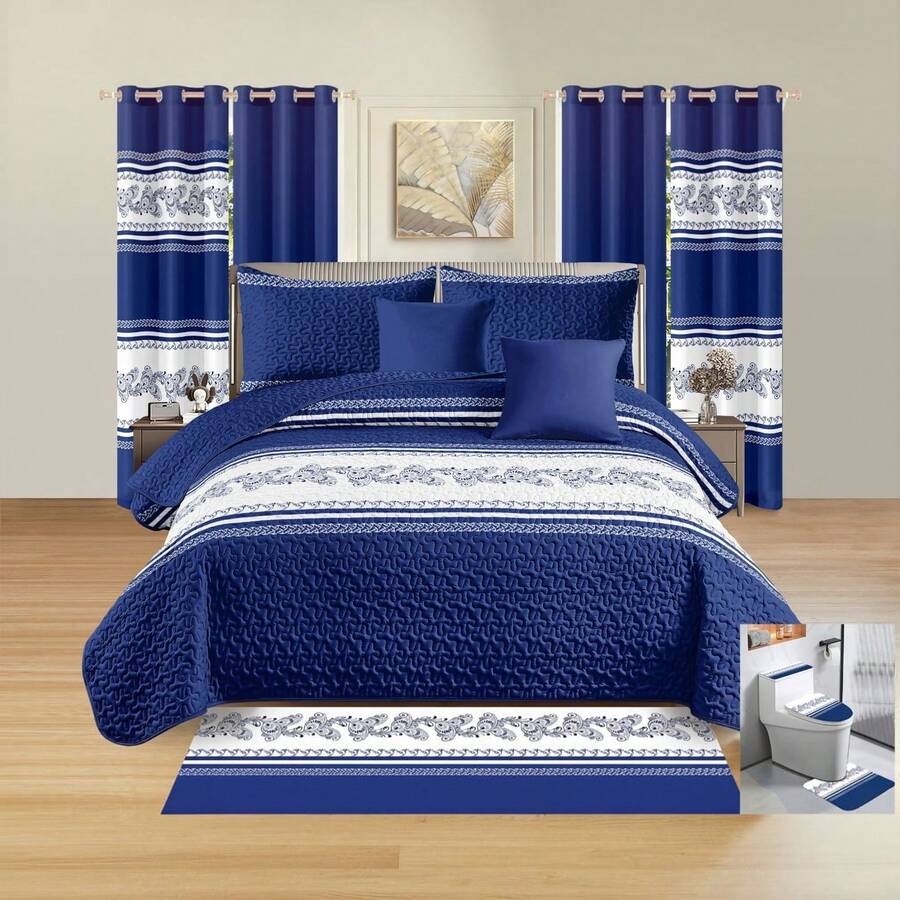 Juego Edredón Ligero Matrimonial Doble Vista 15 Piezas TODO EN 1 Incluye Cubrecolchón, Alfombra, Cortinas, Fundas de Cojín y Juego de Baño - Conjunto Combinado de Colcha Reversible para Recamara Matrimonial - Azul Marino - Ver 1